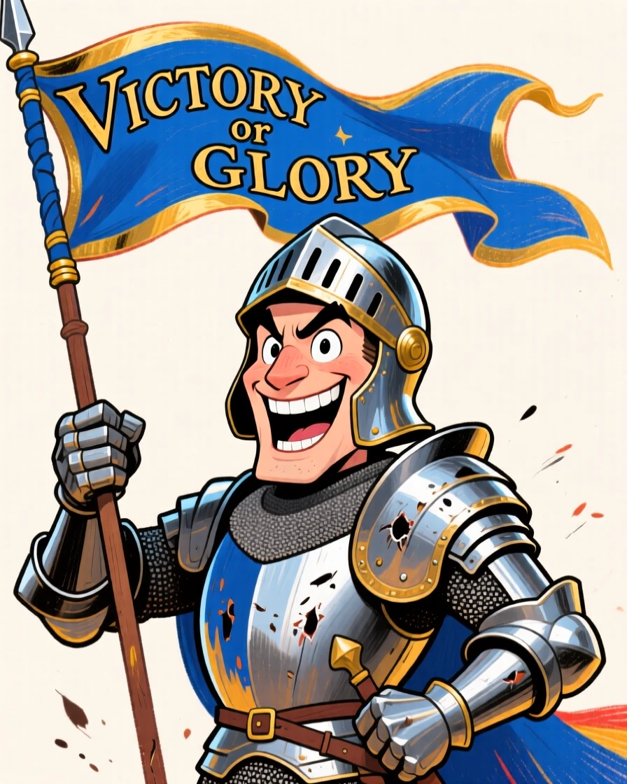 A royal knight returning triumphant from battle, banner raised high on his lance.