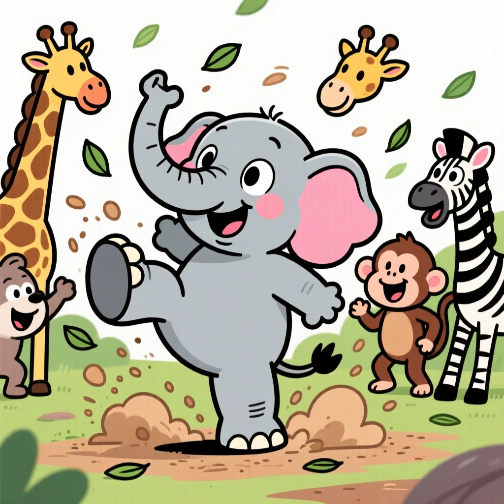 A charming animal moment featuring a clumsy baby elephant showing off in front of an admiring group of onlookers, as leaves and dust scatter around it.