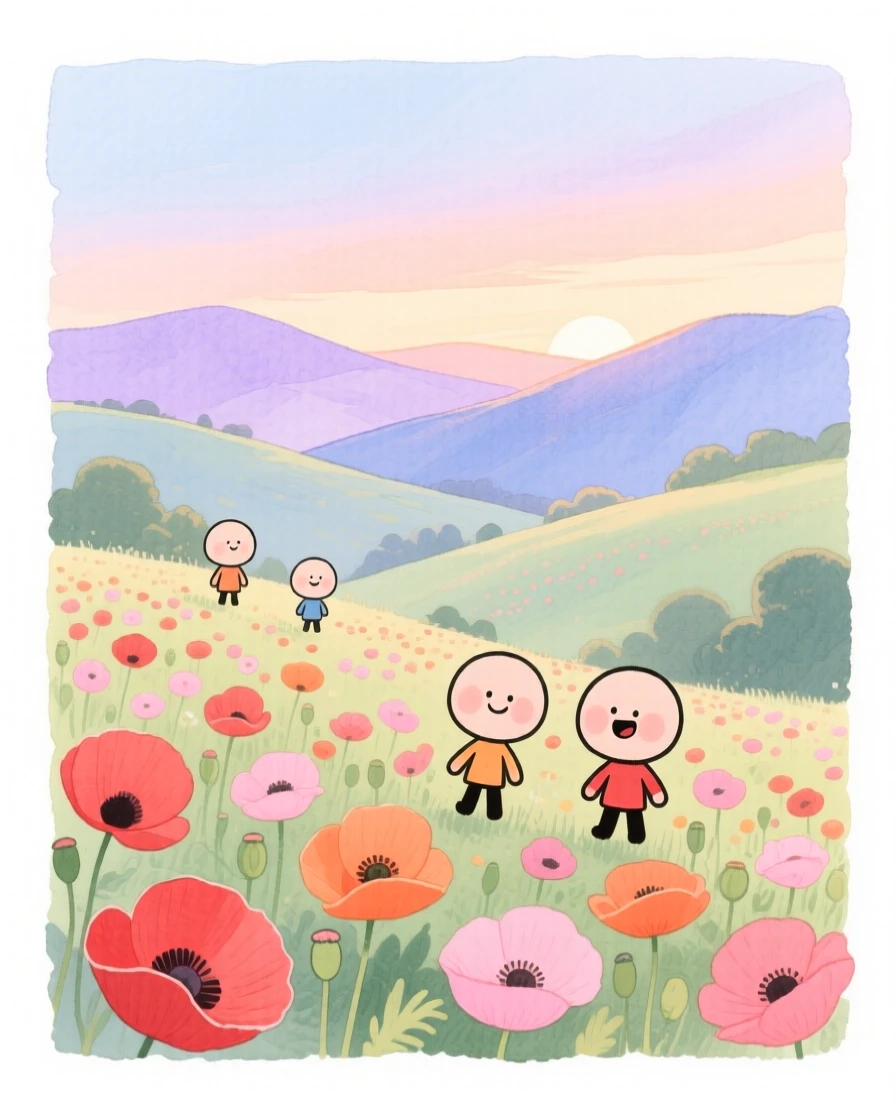 A serene landscape of a valley of blooming poppies stretching to distant hills under a pastel dawn sky