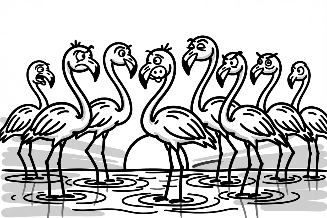 A flamboyance of flamingos standing together in shallow pink-tinted water at sunset.