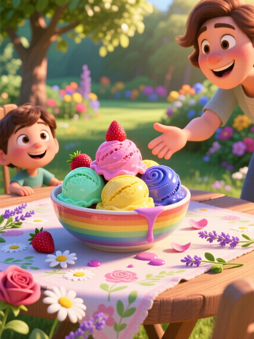 A bowl of colorful gelato scoops sits on a tablecloth decorated with fresh flowers, with sunlight catching the glossy glaze. The scene feels inviting, warm, and delicious.