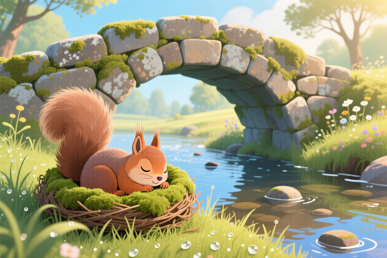 A bushy-tailed squirrel is napping in a nest of soft moss in a stone bridge over a creek, as morning dew glistens on the grass.