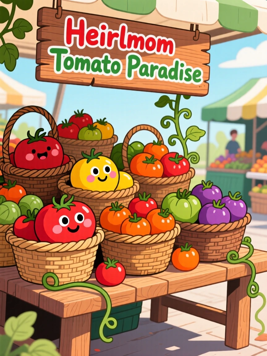 A farmers market table piled with baskets of colorful heirloom tomatoes.