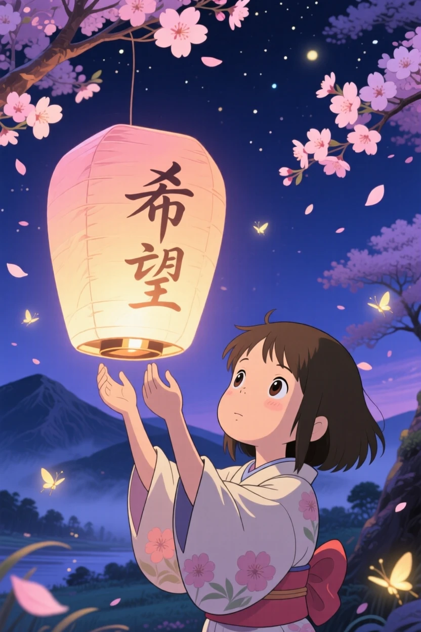A tender moment of a girl releasing a paper lantern into the night sky, eyes full of hope, the scene deeply heartfelt.