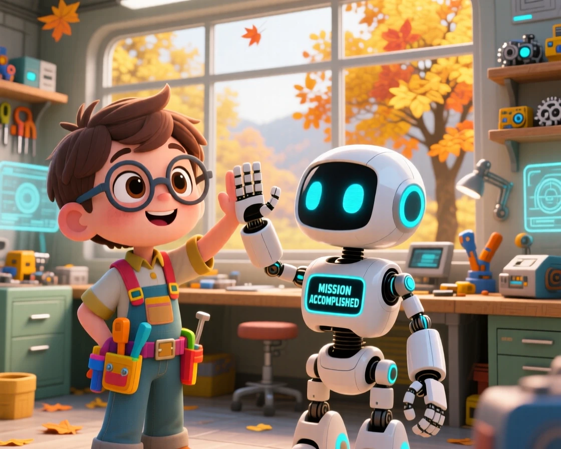 A child engineer high-fiving a friendly helper robot in a bright futuristic workshop during golden autumn harvest season; diffused overcast light washes over the scene as triumphant pride fills the moment. Over-the-shoulder view.