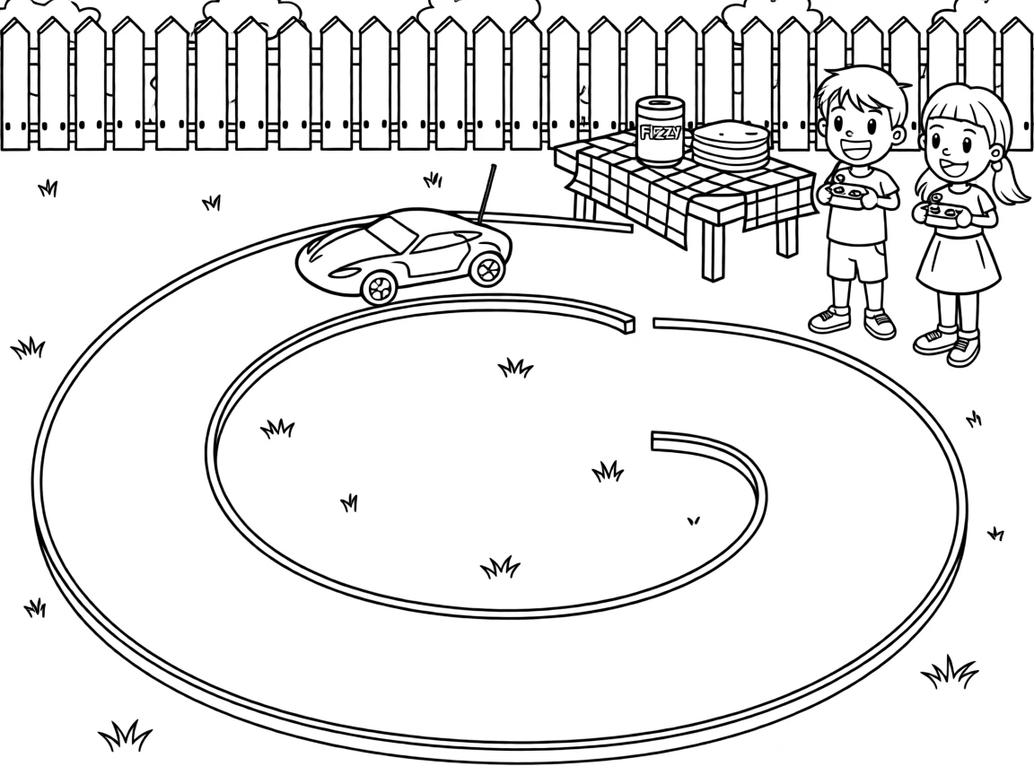 A remote control car racing around a backyard track