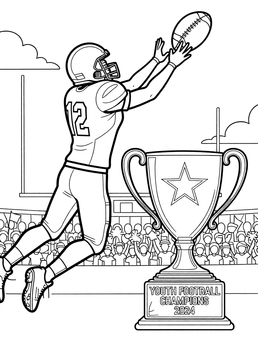 A football player catching a pass mid-air, with a trophy gleaming nearby.