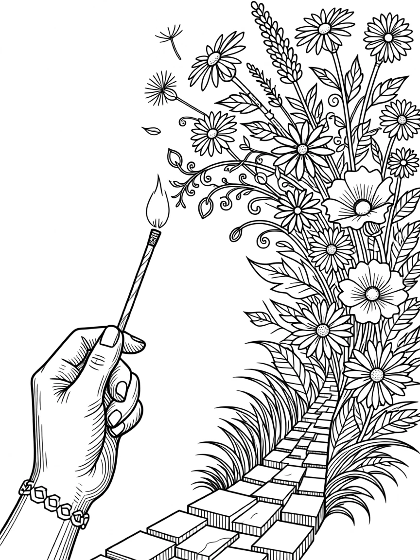 A single lit match igniting a trail of blooming wildflowers.