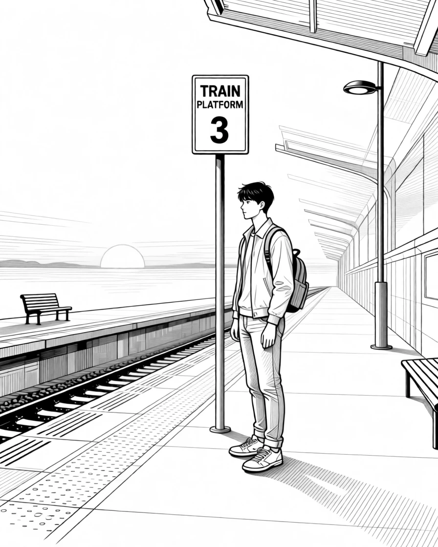 A commuter waiting on a train platform at sunrise