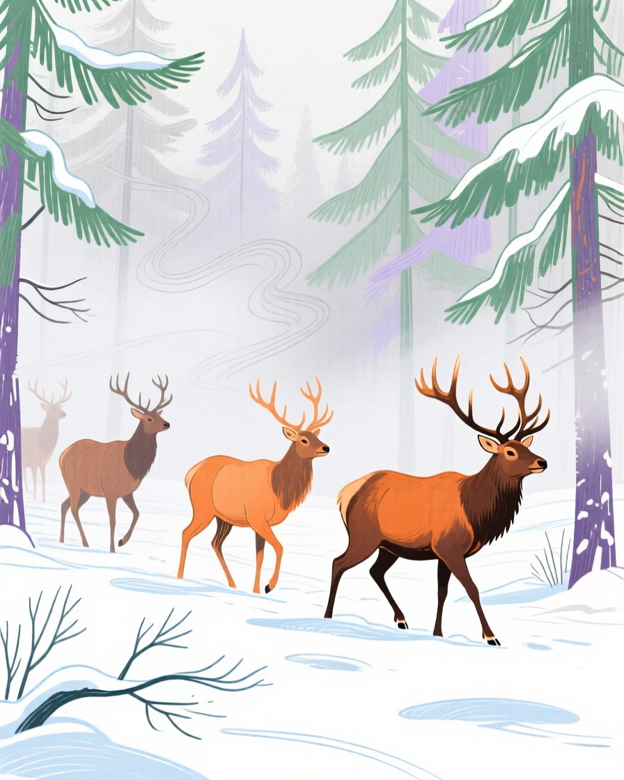 A herd of elk wandering in a snowy pine forest as fog rolls in.