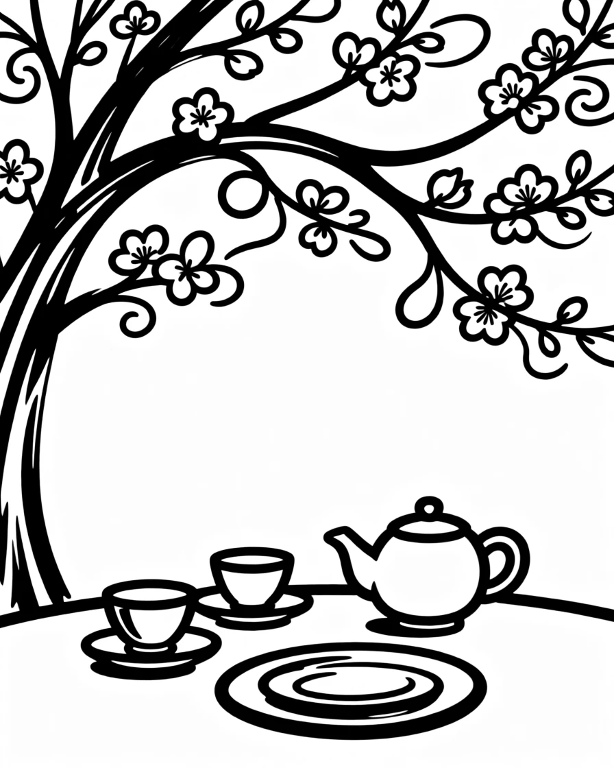 A spring blossom tea party set beneath a flowering tree.