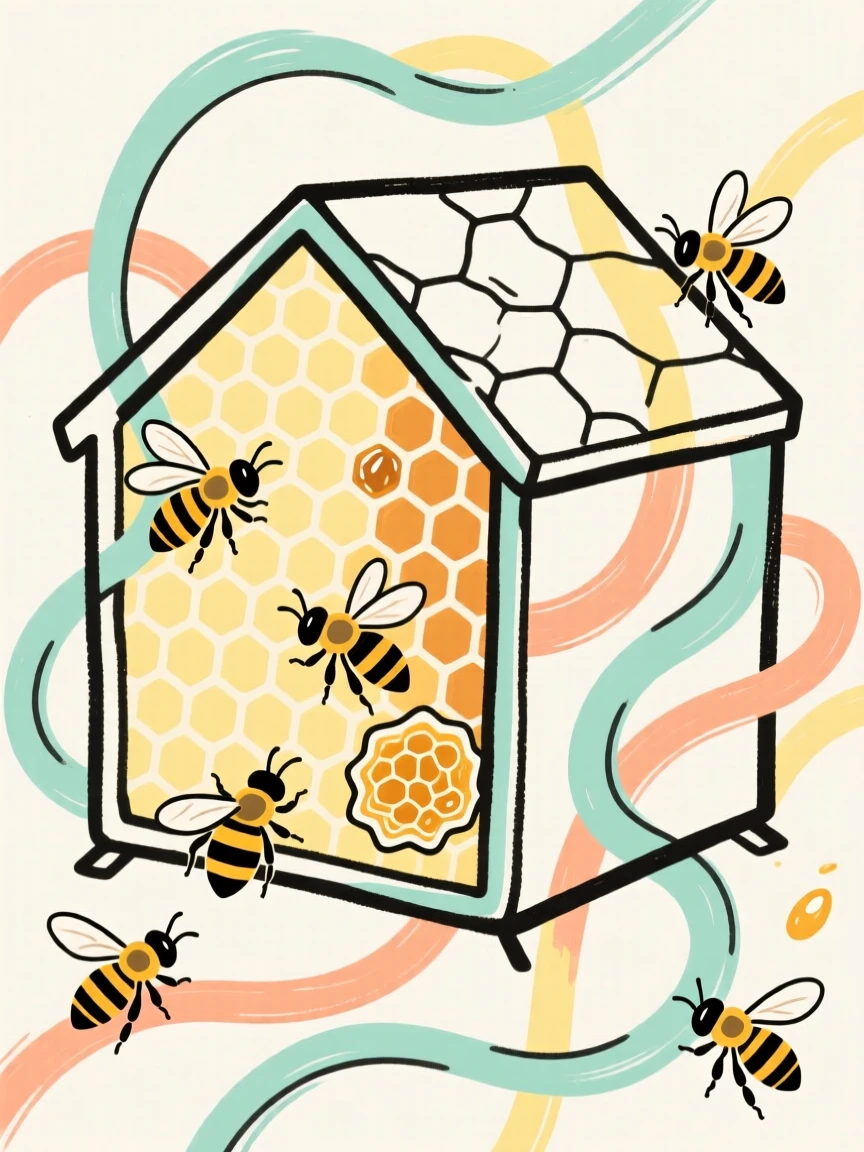 A detailed illustration of a beehive showing worker bees at work.