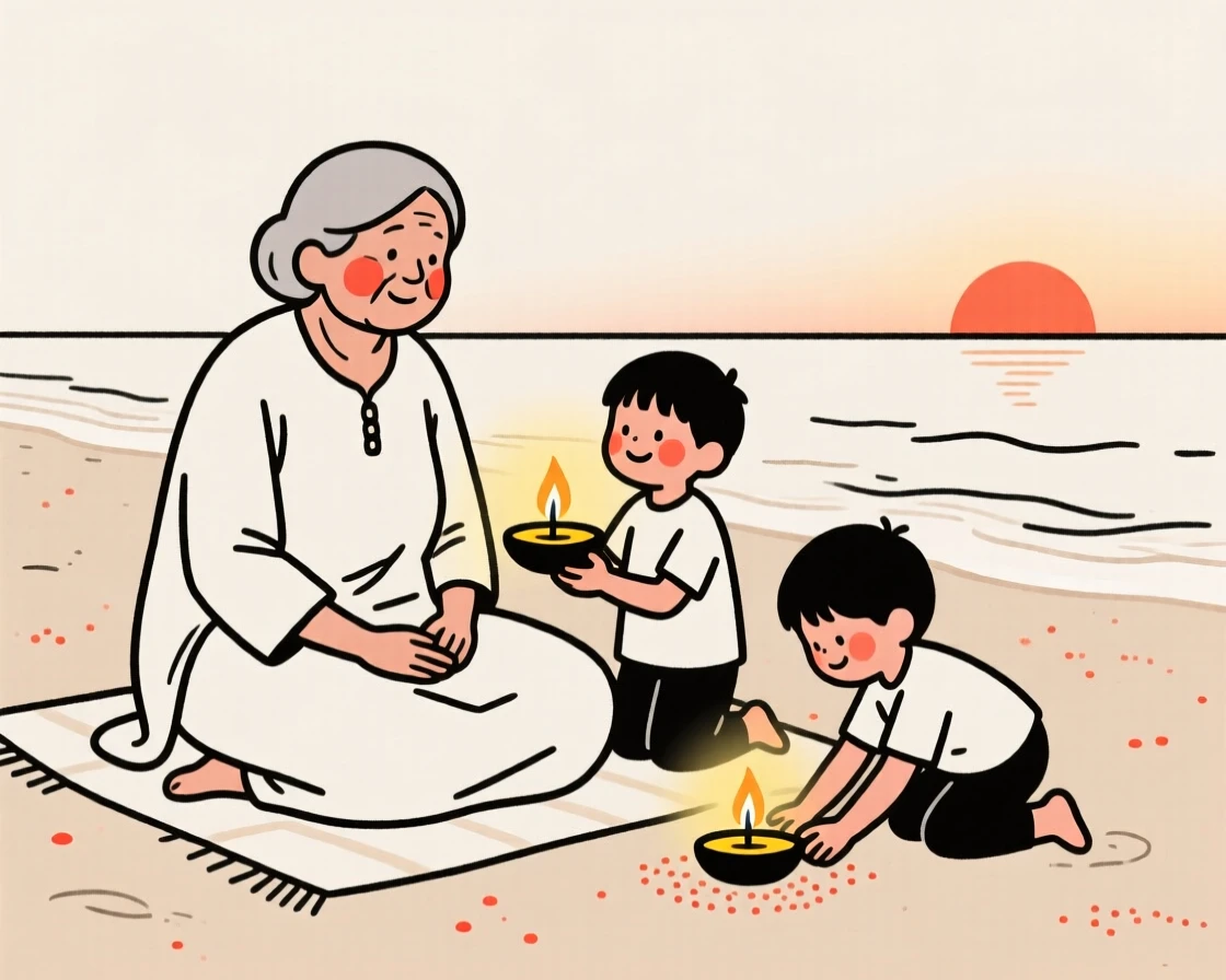 A grandmother and grandchildren celebrating Diwali with lit lamps, on a sandy beach at sunset.