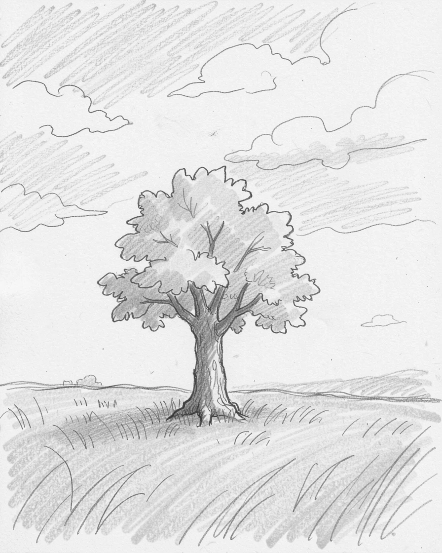 A solitary tree standing in an open golden field, under a canopy of soft clouds, conveying gentle strength and resilience.