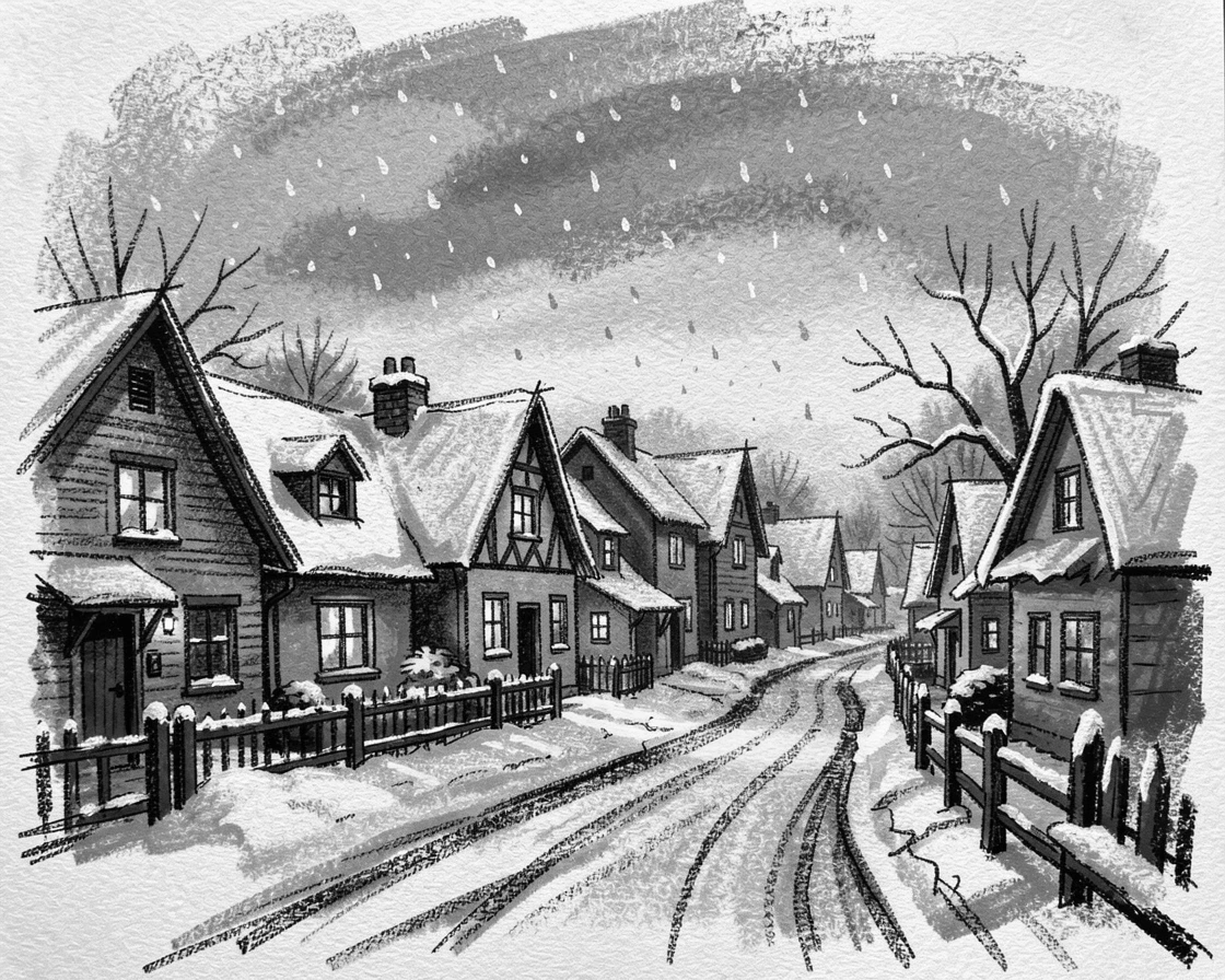 A quiet snow-covered village with warm lights in every window, under a soft blanket of falling snow.
