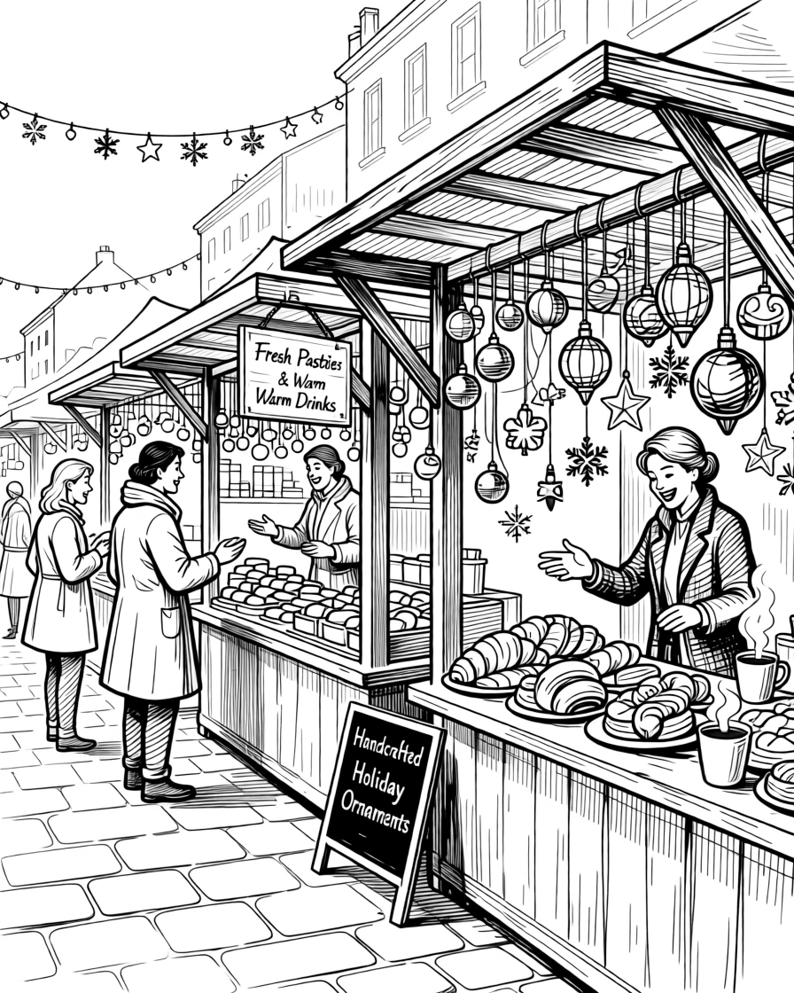 A festive holiday market with vendors selling ornaments and warm pastries.