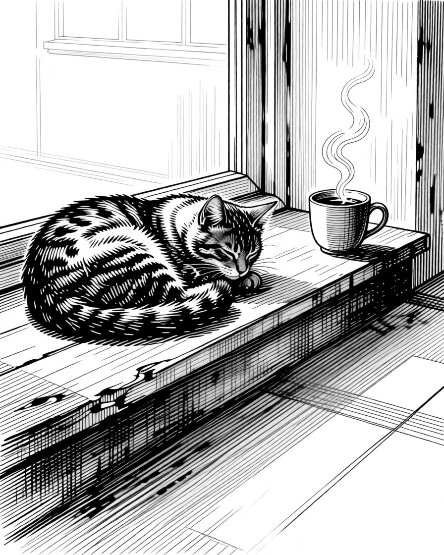 A cat curled up on a sunlit windowsill as golden light stretches across the floor, with the gentle curl of steam from a warm drink, evoking a tenderly nostalgic sense of calm.