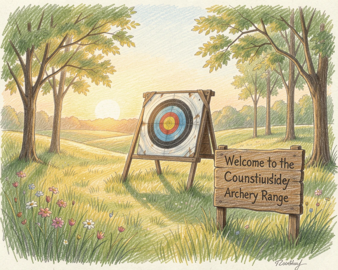 A quiet countryside archery range at golden hour, bathed in the warm glow of golden-hour light, perfect for anyone drawn to gentle, heartfelt imagery.