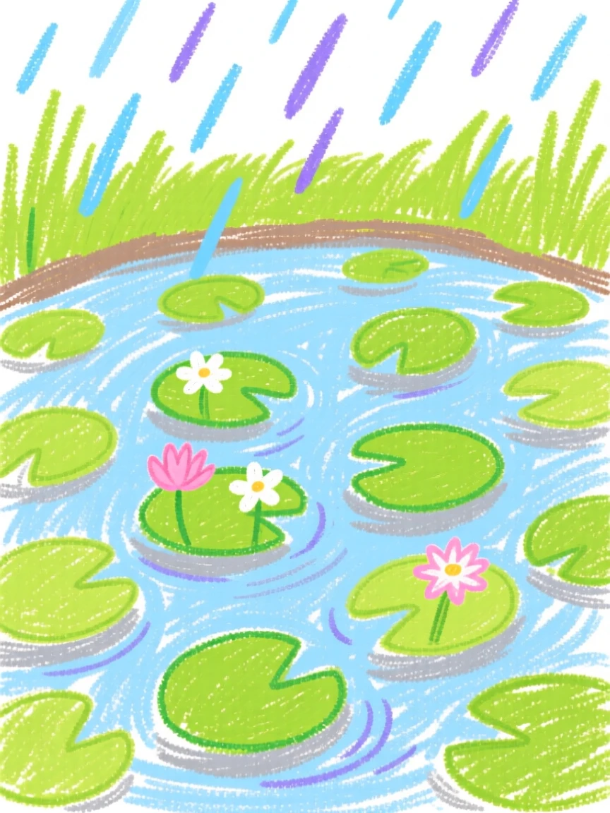 A view of a quiet pond covered in lily pads as gentle rain begins to fall.
