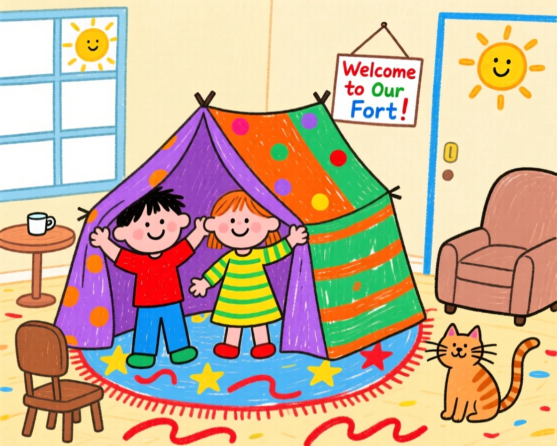 Twins building a blanket fort in the living room.