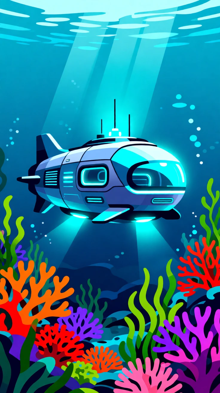 A futuristic underwater research pod glowing amid coral reefs, surrounded by lush greenery blended with modern design, arranged with soft reflections adding a polished feel, with a subtle sense of wonder about future possibilities.