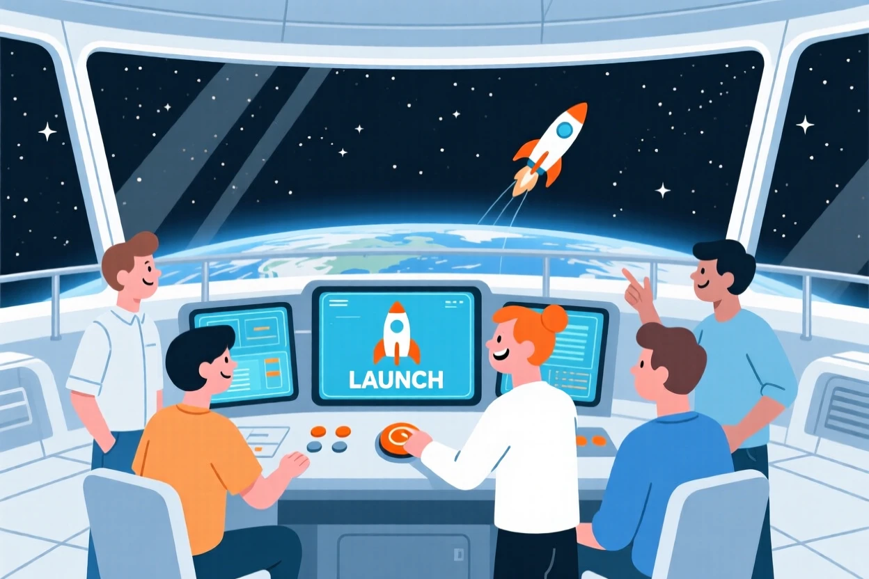 A group of programmers launching a prototype in a space observation deck.