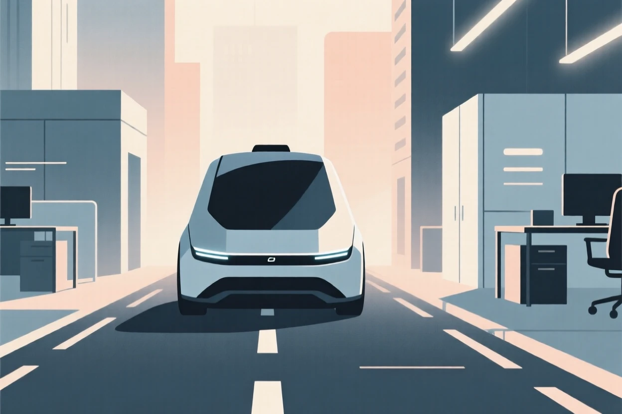 A sleek autonomous vehicle on a city street placed in a minimalist tech office, surrounded by soft ambient lighting, conveying inventive curiosity.