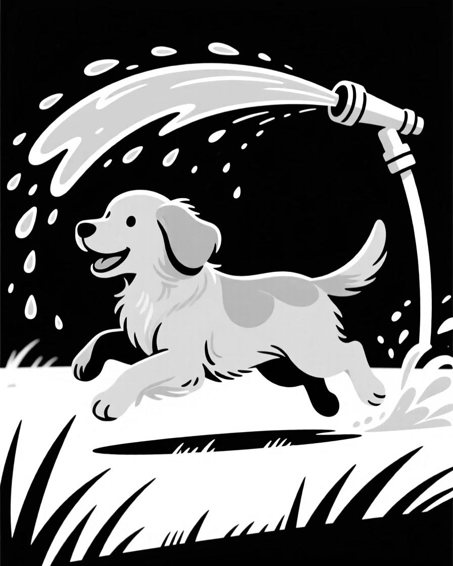 A golden retriever puppy running through a sprinkler on a summer day.