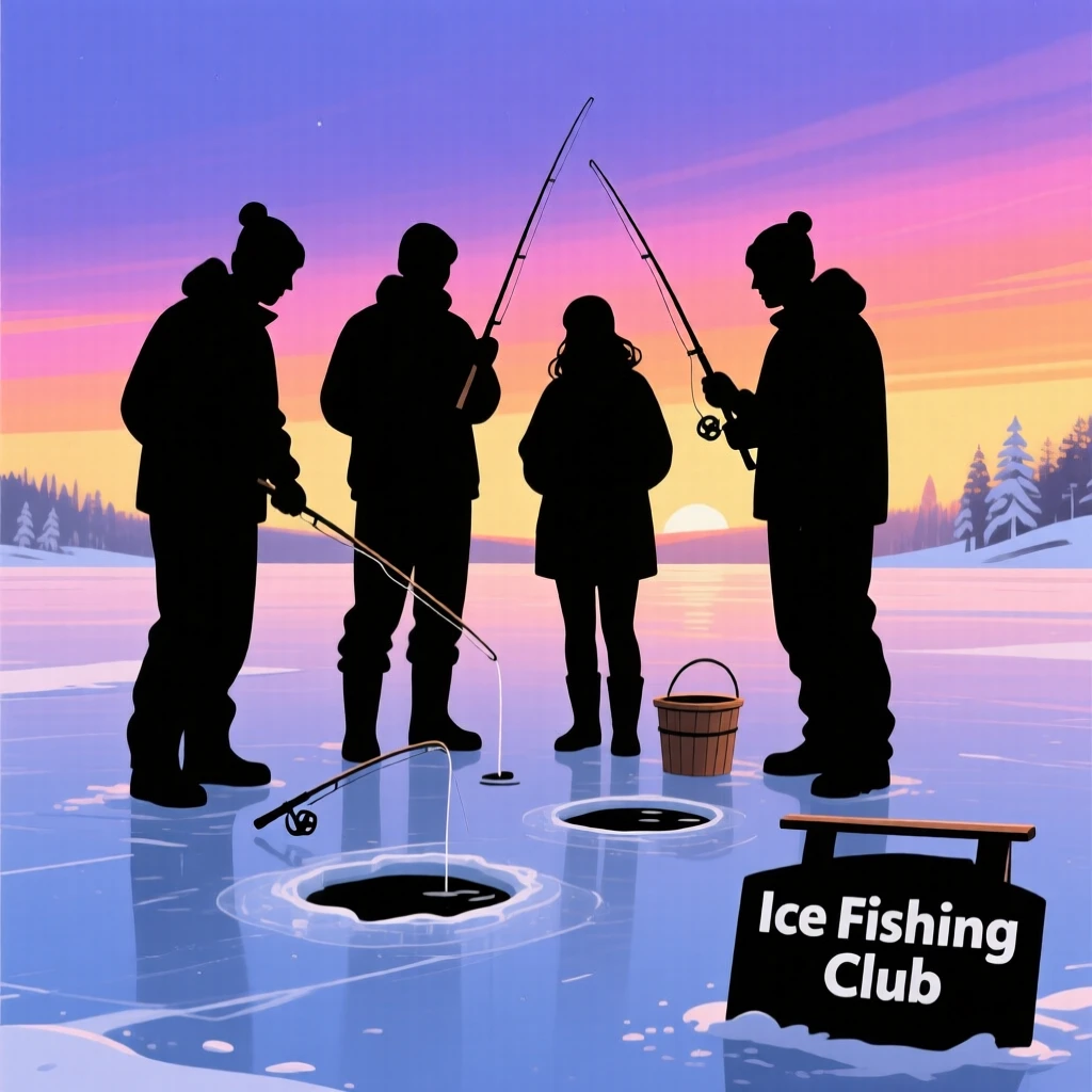 A group of friends ice fishing together on a frozen lake at dawn.