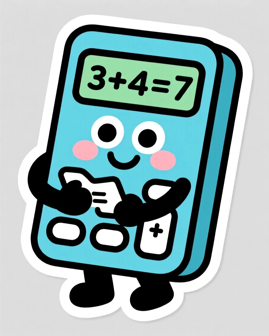 A gently expressive smiling calculator character solving a math problem, with cheerful expressive eyes, ideal for early childhood learning.