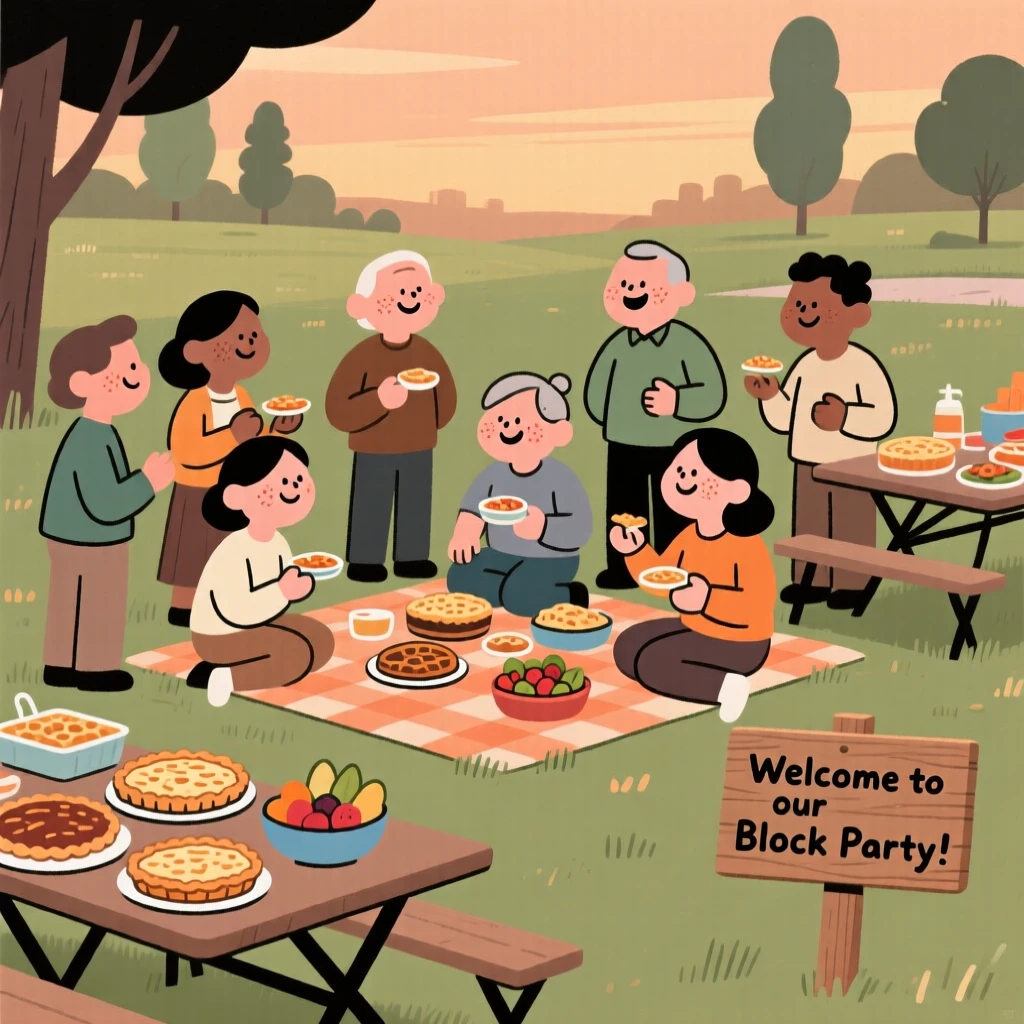 Neighbors gather for a block party in the local park, sharing homemade dishes and conversation as laughter fills the warm evening air.