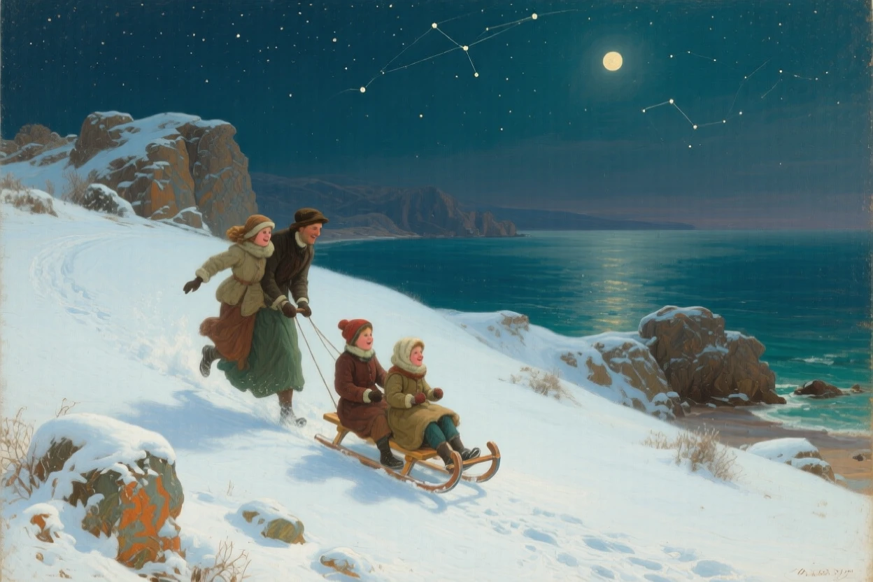 A wide establishing shot of a family sledding down a snowy hillside, along the Turkish coast, under a canopy of stars.