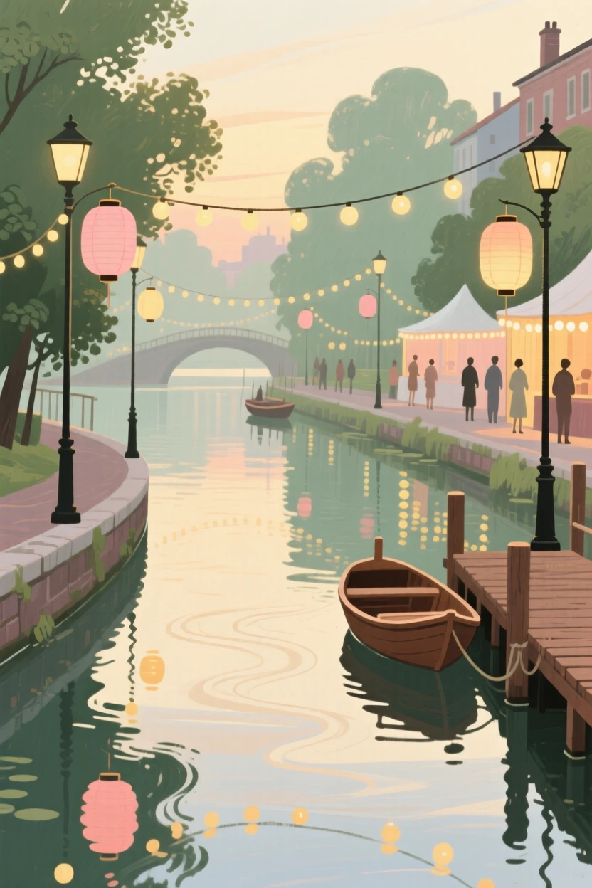 A festival of lights reflected in the still water of a canal