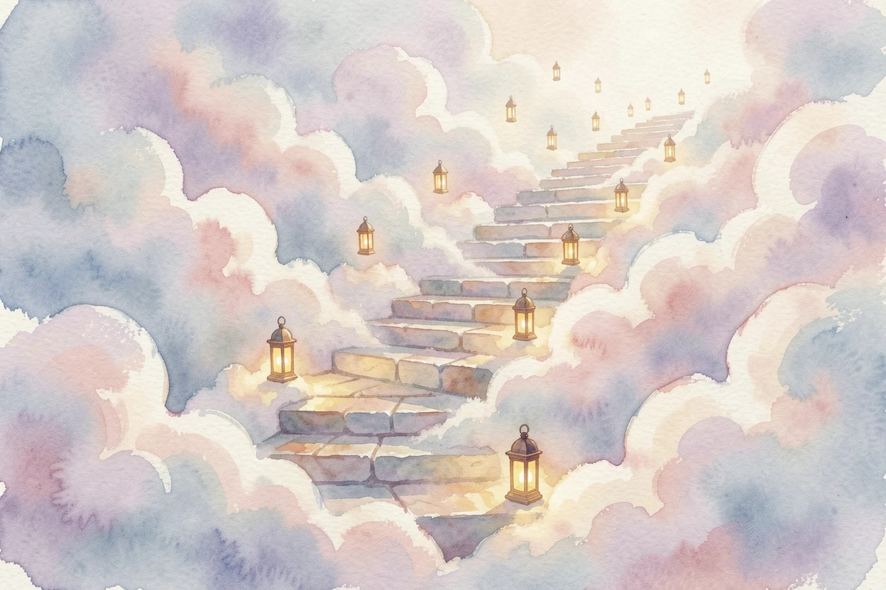 A celestial staircase leading up into the clouds with tiny lanterns floating like stars.