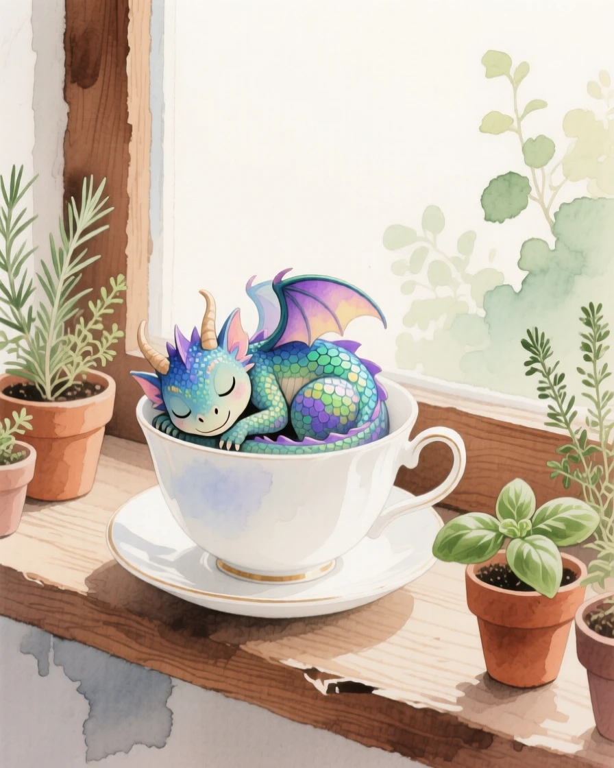 A tiny dragon with iridescent scales curls asleep inside a teacup on a wooden windowsill surrounded by potted herbs