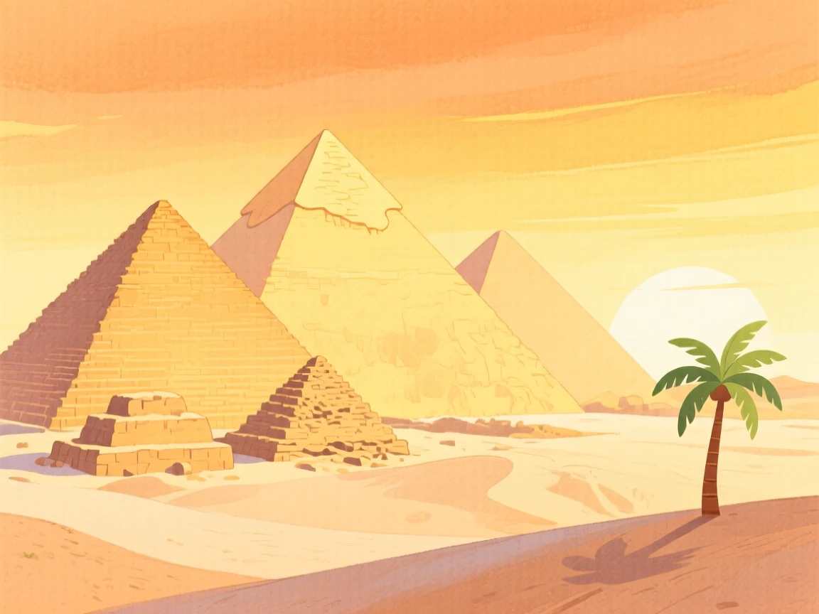 A stunning view of the ancient pyramids glowing under a golden desert sky.