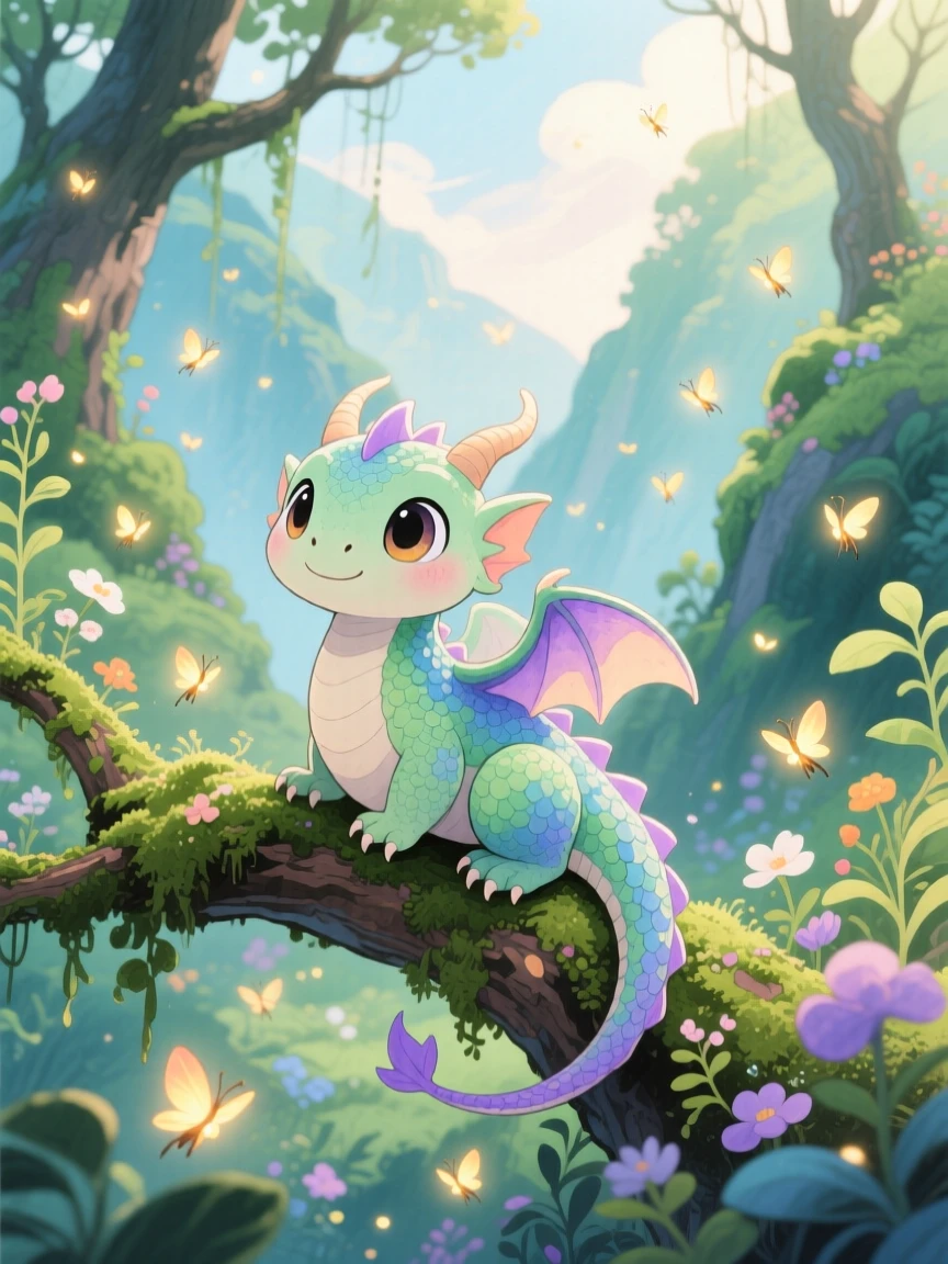 A gentle baby dragon perched on a mossy branch surrounded by fireflies, in a hidden valley untouched by time, sparking pure childlike delight.