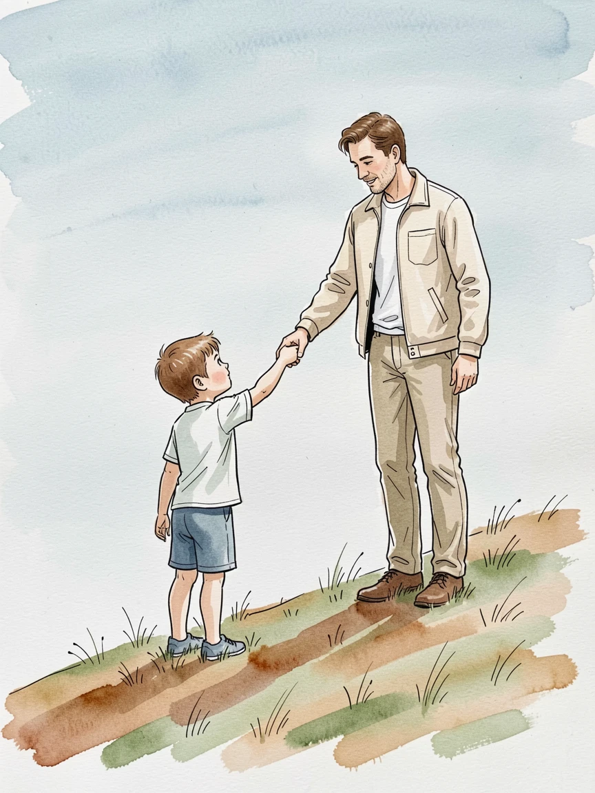 A child reaching for the outstretched hand of a parent atop a hill, the moment simple, sincere, and quietly powerful.