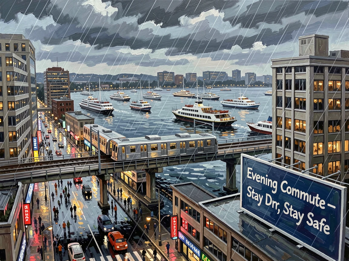 Overlooking a harbor filled with ferries and boats, an elevated train crossing above a crowded avenue, office lights slowly switching off as evening falls, during a rain shower, streets glistening with reflected light.