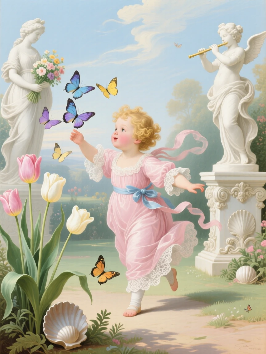 A child chasing butterflies among tulips and marble statues  