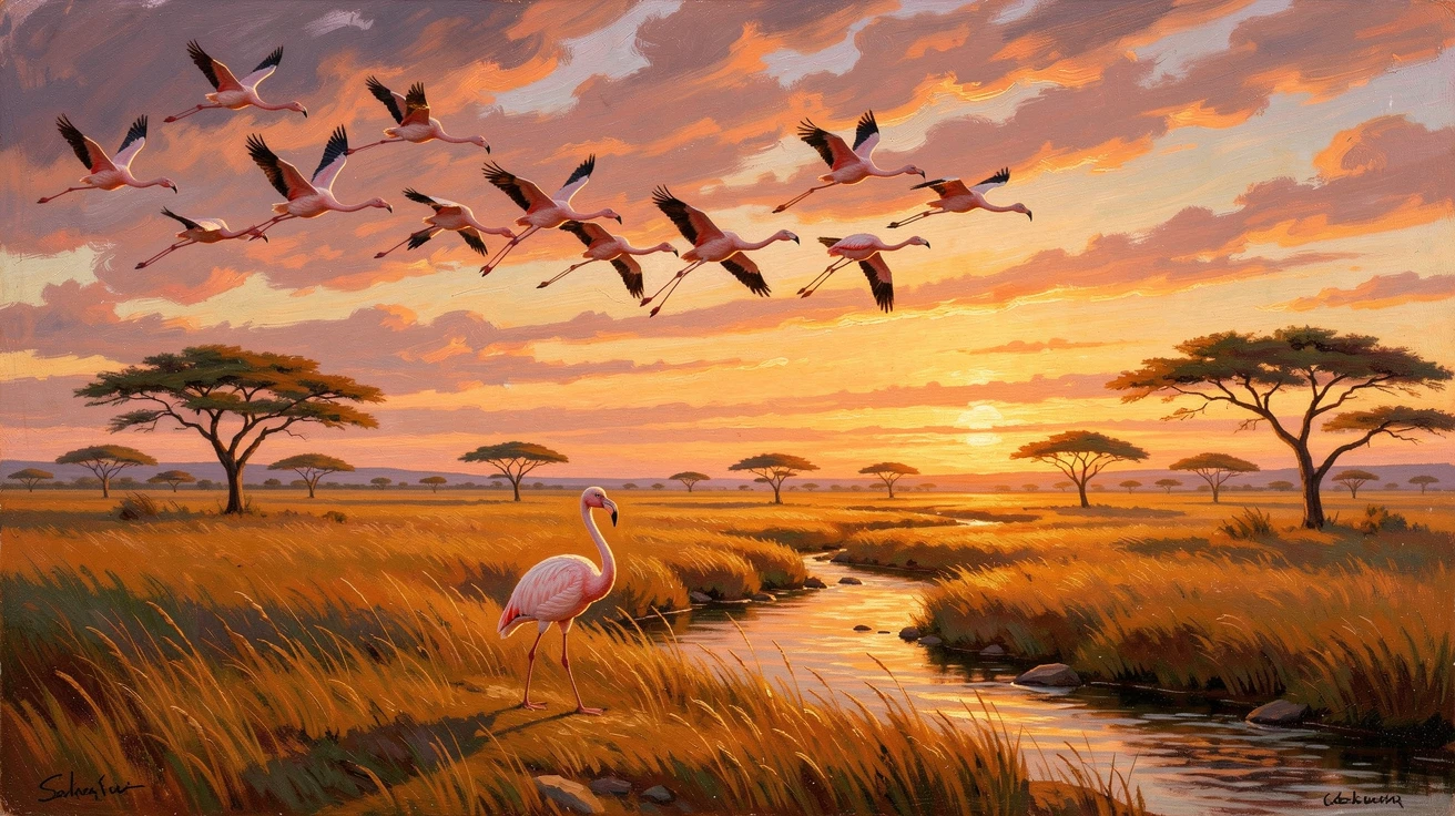 A flock of flamingos crosses a golden savanna at sunset beneath the watchful eyes of its young.