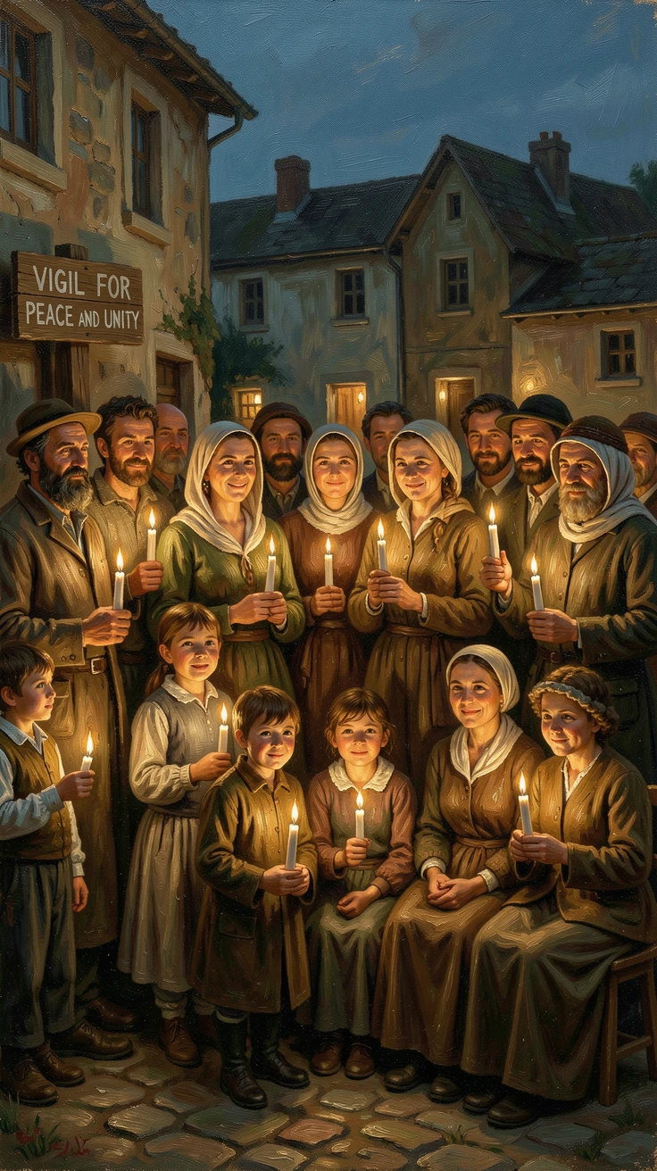 A community gathered in candlelight vigil, united in hope and remembrance, with emotion and triumph radiating clearly from every face, radiating hope, gratitude, and heartfelt connection