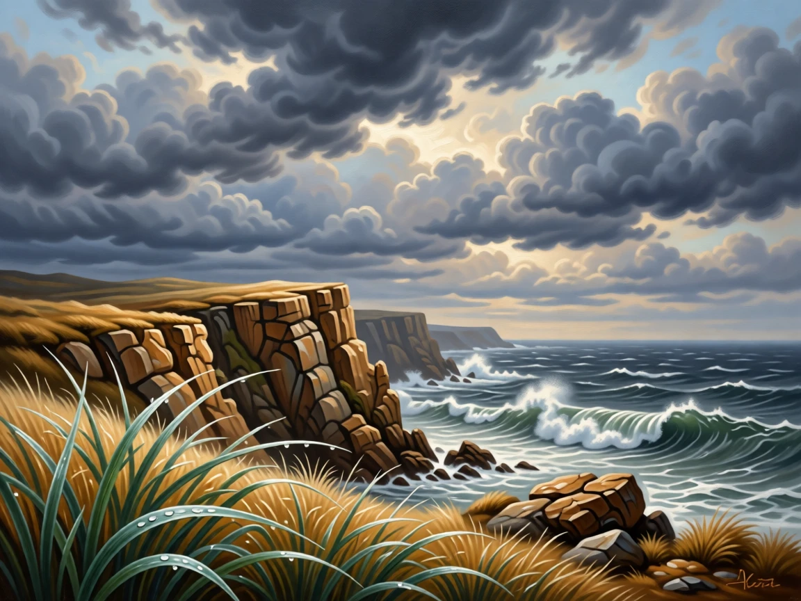 A coastal cliff overlooking crashing waves beneath a stormy sky captured in the fleeting stillness of a perfect moment, set beneath an expansive and ever-changing sky, with dew still clinging to blades of grass in the early light; layered depth separates near, middle, and far distance beautifully, radiating the serene majesty of untouched nature.