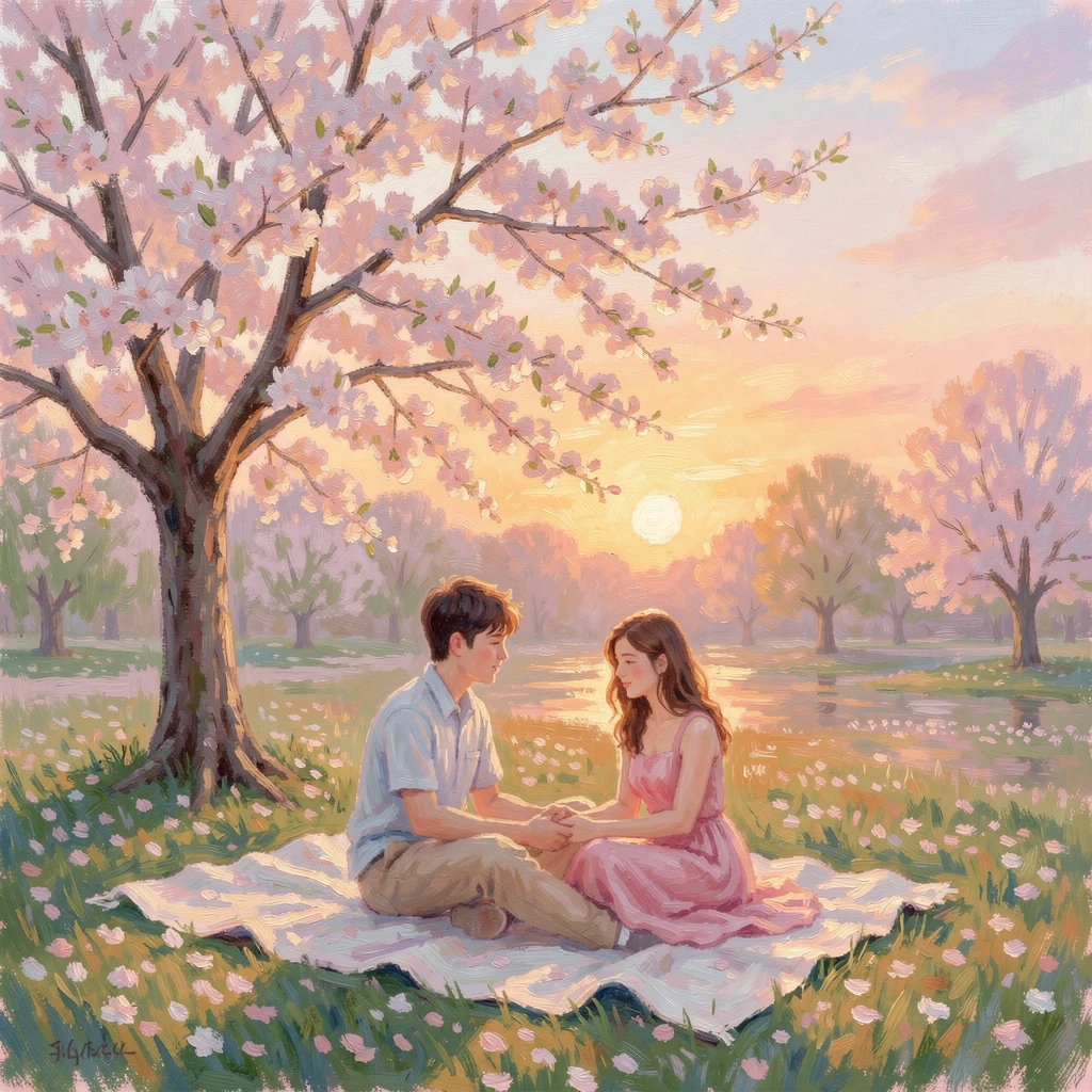 A young couple sharing a quiet picnic beneath a blossoming cherry tree in early spring, under a glowing sunset sky.