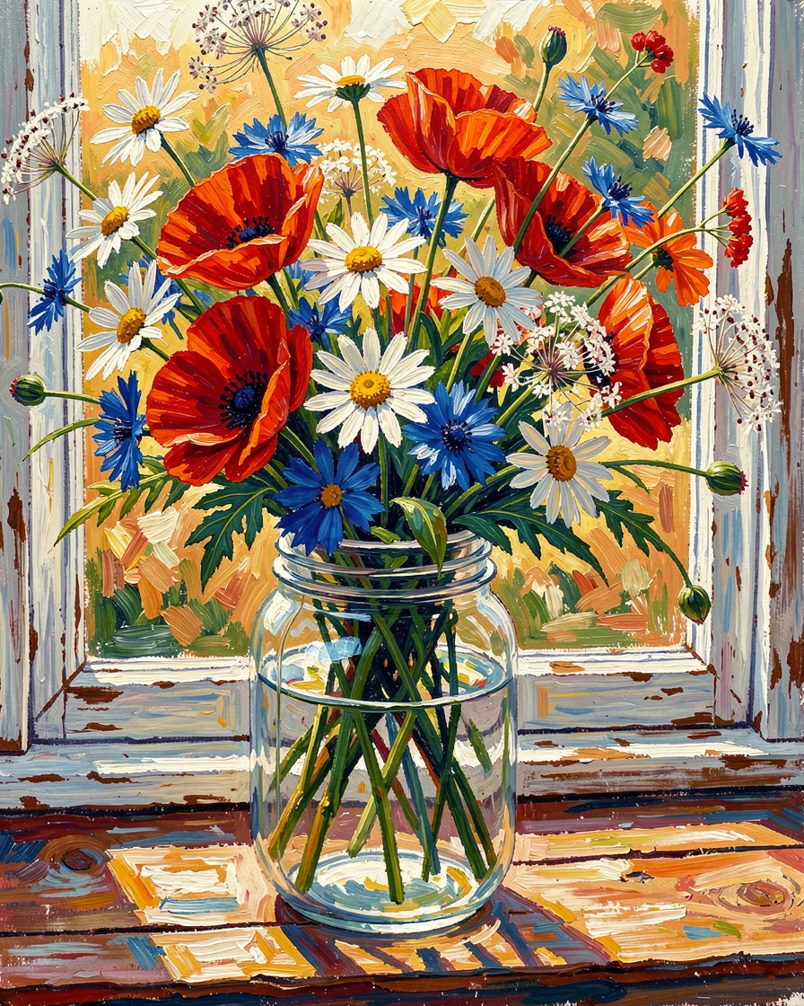 A bouquet of wildflowers in a mason jar resting on a windowsill in afternoon light.