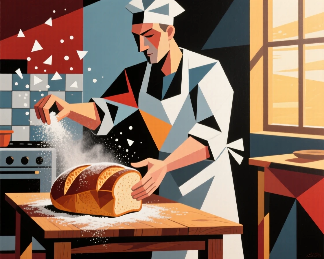 An engaging scene showing a baker dusting flour over a fresh loaf in the early morning light.