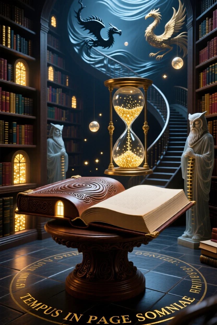 A hidden library tucked inside the pages of a single closed book seems impossibly vast for such a small container, as tiny lights flicker like distant, faraway stars.