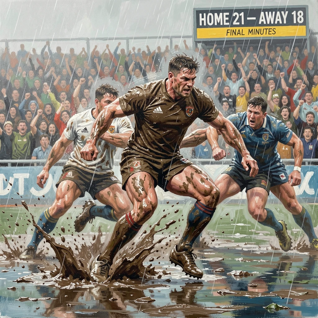 A rugby player breaks through a tackle in a muddy, rain-soaked match, mud splattering as the crowd roars from the stands, the scene capturing a fleeting, candid moment within a larger ongoing celebration.