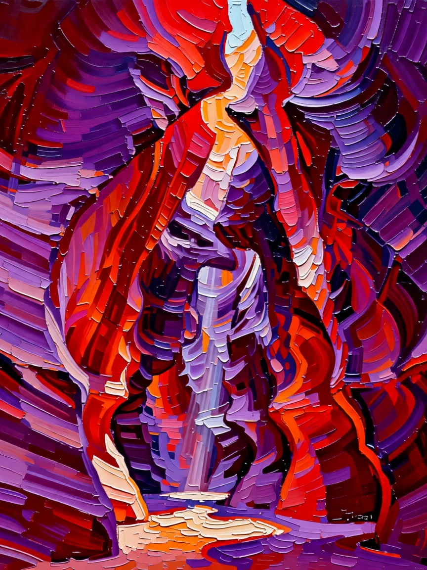 A slot canyon glowing deep red and purple as light filters through narrow openings above