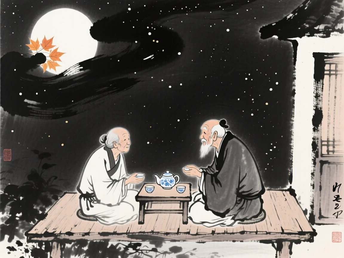 An elderly couple shares tea on their porch beneath the bright autumn moon, beneath a sky remarkably clear and full of stars.